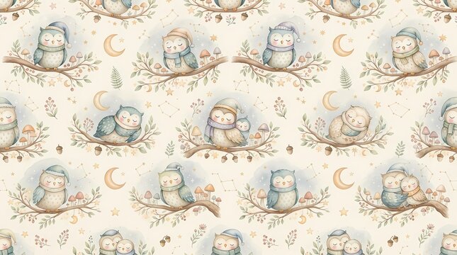 Cute watercolor owl seamless pattern for nursery decor and baby textile design