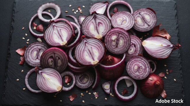 Fresh sliced red onions and onion rings scattered on a dark slate surface for culinary concept backgrounds.