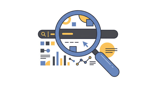 Magnifying glass analyzing colorful business data charts and graphs.