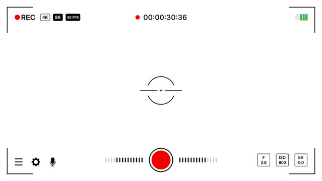 Video recording interface design. 4K, 8K camera frame display elements for filming.