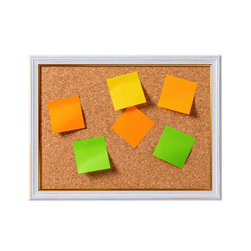 Colorful sticky notes arranged on a cork surface with transparent background PNG element