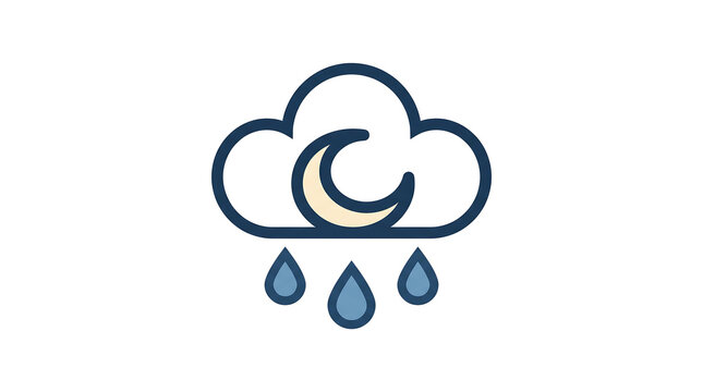 Minimalist line art icon of cloud with moon and rain drops.