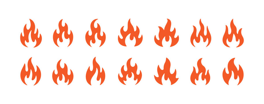 Reddish orange flat vector flame icons for creative fire animation frames and graphic design work.