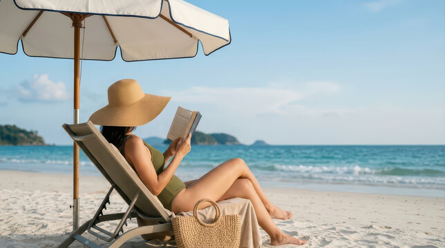 Summer beach woman reading book umbrella summer beach scene with woman reading book beneath umbrella beside ocean, relaxing in chair on pale sand during bright seaside holiday