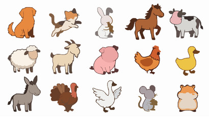 Fototapeta premium Cute Farm and Domestic Animals Cartoon Vector Collection with Dog Cat Cow Rabbit and Horse