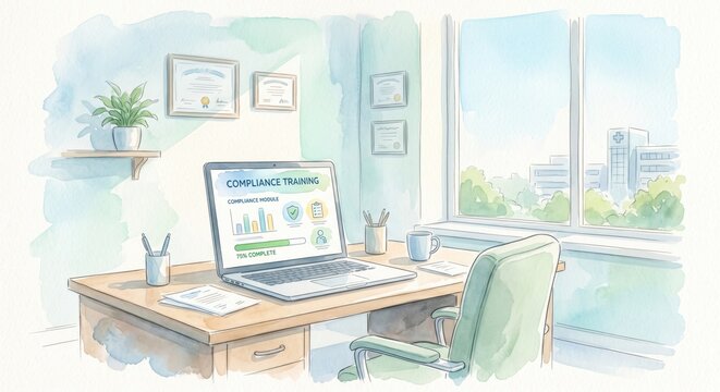Laptop workspace for healthcare compliance training, e-learning, training records, and policy awareness.
