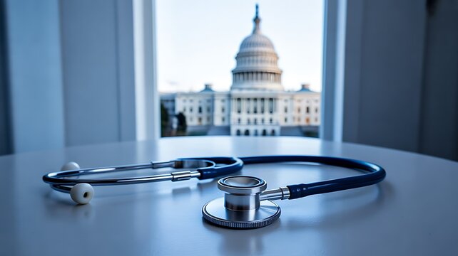 Healthcare policy and medical services concept with stethoscope and capitol building