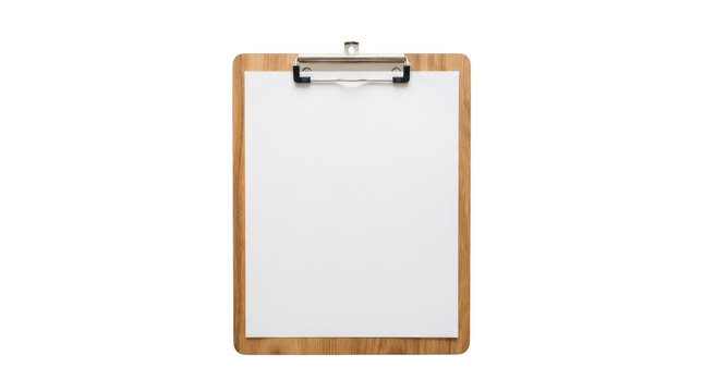 Wooden clipboard with a blank white paper sheet isolated on transparent background