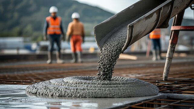 Construction workers pouring fresh concrete during industrial building project