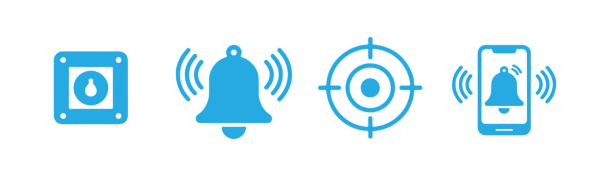 Blue digital alert and security system icons featuring alarm bell and mobile notification symbols.