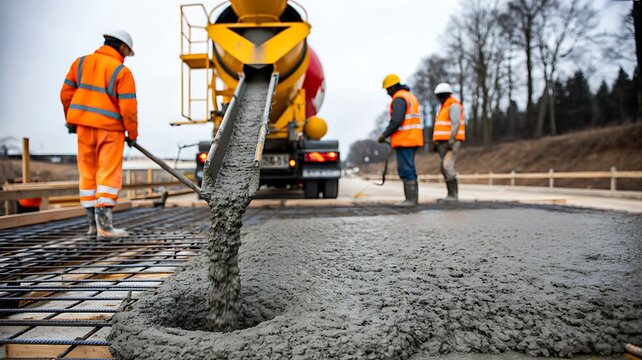 Construction workers pouring fresh concrete for road foundation