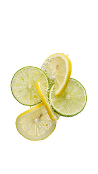 Fresh fruit lemon lime splashing in crystal clear water isolated on transparent background for advertising design