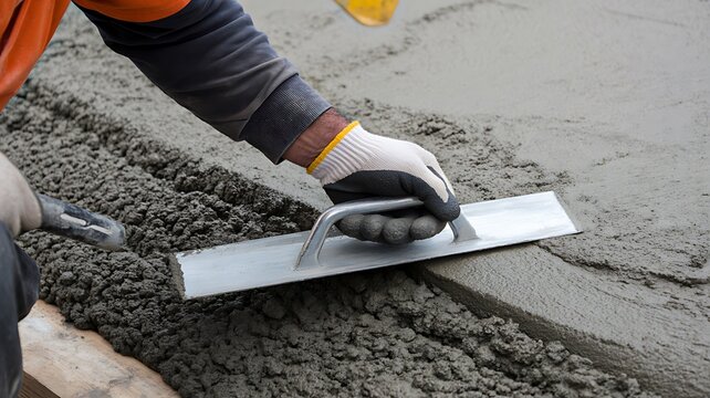 Construction worker smoothing fresh concrete with hand trowel
