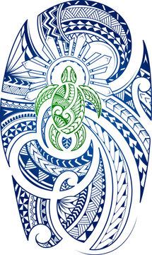 Polynesian style tattoo with wave elements and turtle