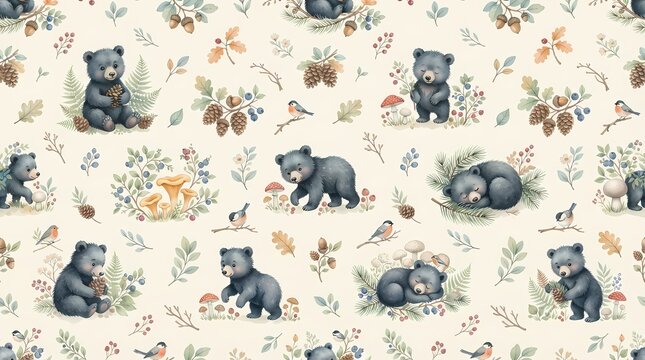 Cute baby bear seamless pattern with forest elements and woodland animals on cream background