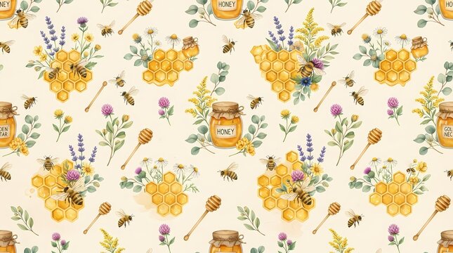 Watercolor honey and bee seamless pattern with wildflowers and honey dippers