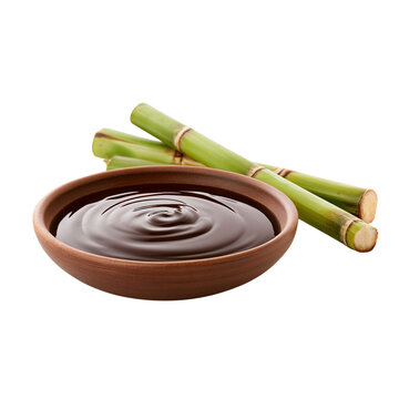 Viscous dark brown syrup liquid swirls in a small ceramic dish with fresh green sugar cane stalks behind isolated on transparent background PNG element