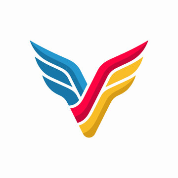 A modern logo design featuring stylized wings in vibrant shades of blue, red, and yellow, symbolizing freedom, business identity, and dynamic movement in a contemporary context.