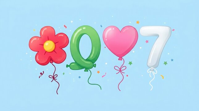 Colorful balloon numbers forming the year 2007 with floral and heart shapes