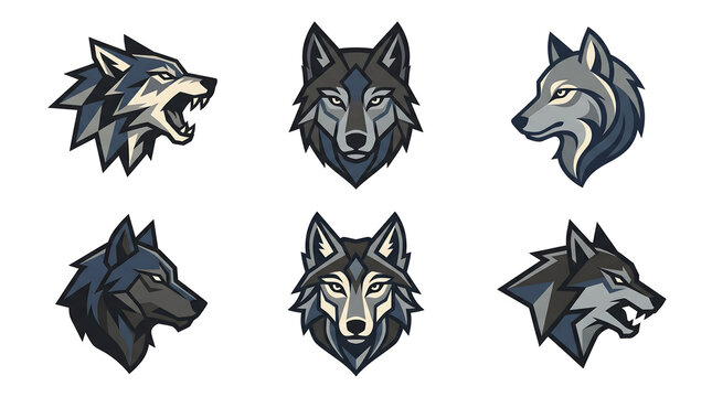 Collection of stylized wolf head logos in vector art style.