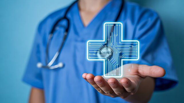 Healthcare professional holding glowing medical cross for modern digital healthcare concept