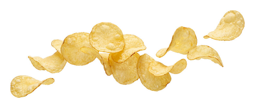 Crispy potato chips flying isolated on transparent background