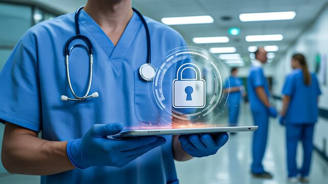 Healthcare professional using digital security technology in a modern hospital
