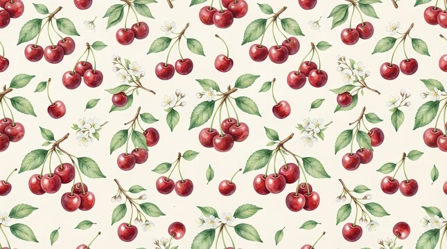 Seamless pattern with watercolor cherries and green leaves on a light cream background
