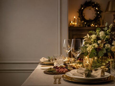 Festive dining table with holiday decor and candles
