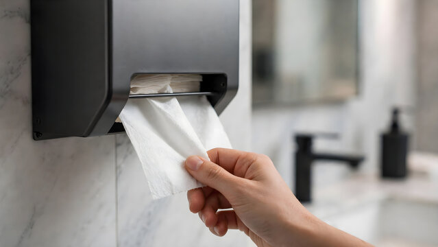 Close up hand pulling paper towel from bathroom dispenser