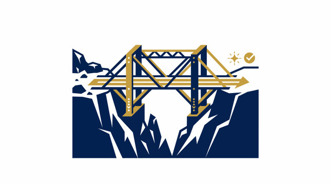 flat vector illustration depicting a suspension bridge spanning across a gap between two separated cliffs. The design features bold blue and gold tones, structural truss elements