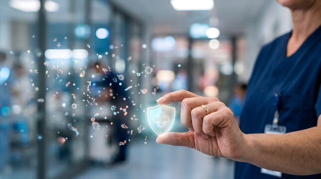 Medical professional presenting glowing healthcare shield interface in hospital setting
