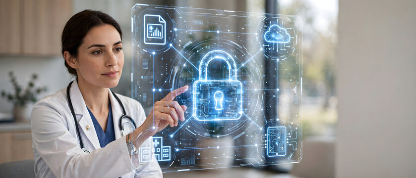 Doctor interacting with digital holographic security interface in modern healthcare environment