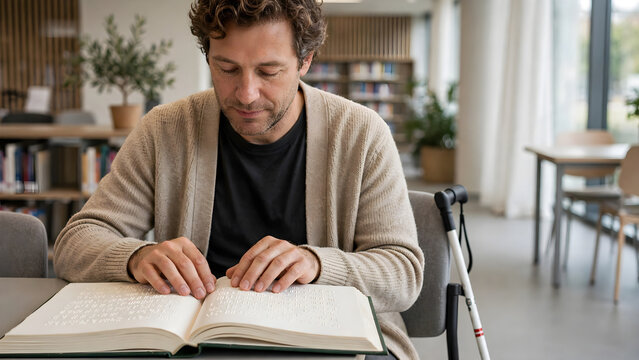 Person reading braille book in library environment for accessible education
