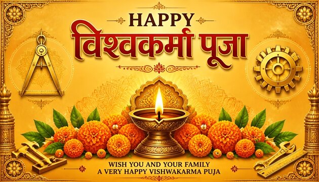 Happy Vishwakarma Puja golden greeting card background banner with diya, flowers, and tools
