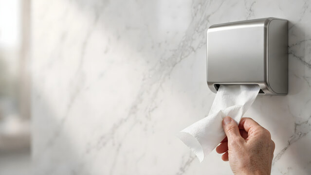 Hand pulling paper towel from wall mounted dispenser in clean bathroom environment