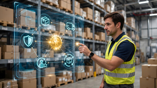 Warehouse worker interacting with digital supply chain interface in storage facility