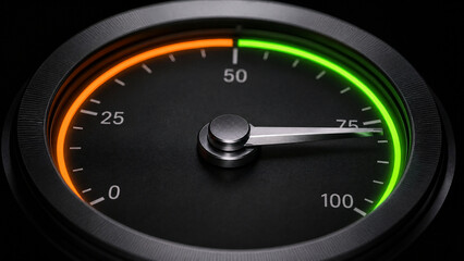 Naklejka premium Modern car speedometer with green and orange zones indicating good speed.