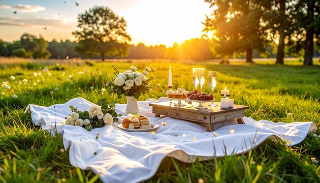 Romantic outdoor picnic at sunset, with a beautifully arranged table, fresh flowers, candles, and soft white blankets glowing in the warm golden light