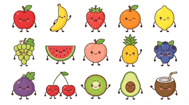 Cute cartoon fruit characters set with funny faces isolated on white background