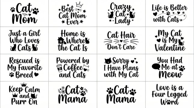 Set of funny cat quotes and typography designs for t-shirt prints