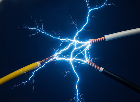 Electrical cable short circuit with blue energy sparks and copper wires. High voltage power surge concept. Electric shock hazard and insulation breakdown isolated on deep dark blue background.