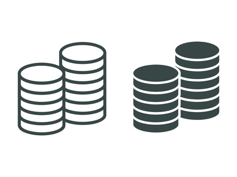 stacked coin icon set, outline and solid style, finance and currency symbols on transparent background
