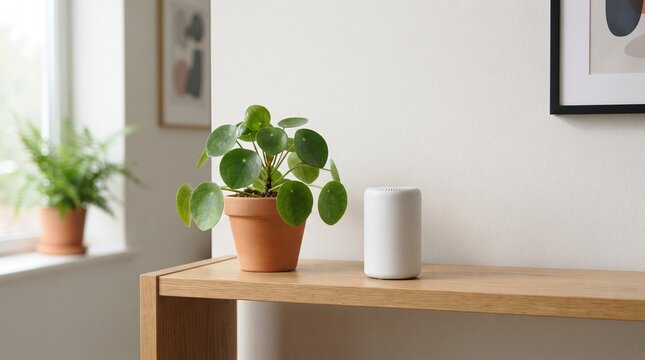 Minimalist smart home interior with white smart speaker on wooden shelf. Modern living room corner decor, houseplants, natural light. Clean interior design concept.