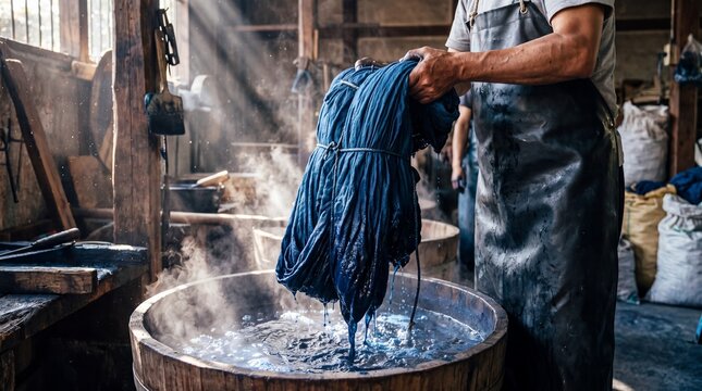 Traditional indigo dyeing process, artisan hands lifting blue fabric from wooden vat, rustic textile workshop with steam and sunlight