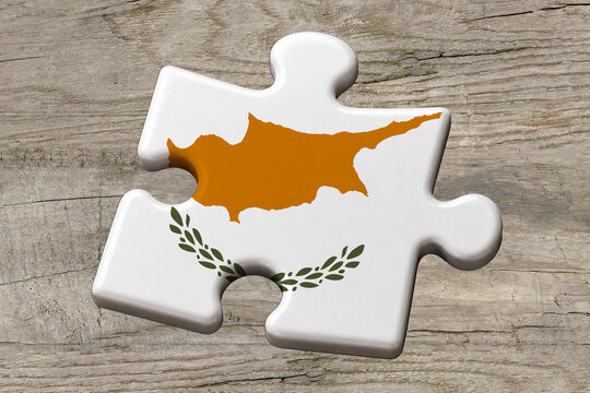 3D illustration. Flag of Cyprus on a jigsaw puzzle pieces on a wood background.