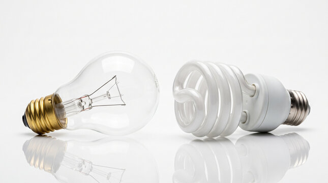 Side-by-side comparison of incandescent and spiral CFL bulbs on white. Represents conservation and technological evolution.
