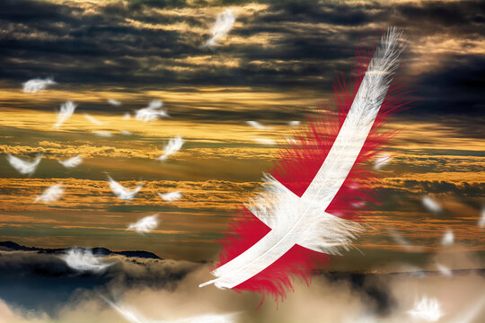 3D illustration. Flag of Denmark on a feathers fluttering in the sky background.