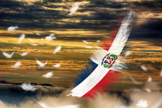 3D illustration. Flag of Dominican Republic on a feathers fluttering in the sky background.