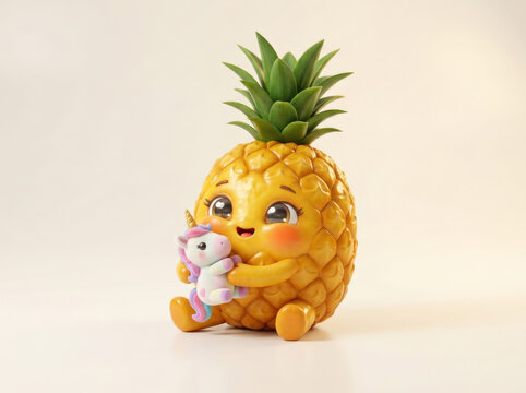 Adorable cartoon pineapple character sitting and hugging small cute unicorn plush toy for comfort and friendship concept.